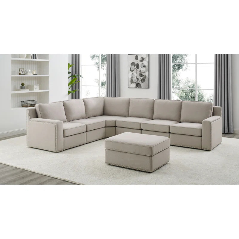 L- Shape Sectional Sofa: 7 - Piece Modular Corner Sectional(Beige Polyester Blend)