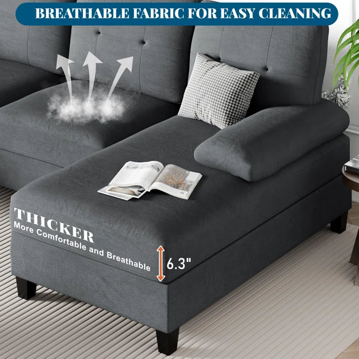 U- Shape Sectional Sofa: 106" Modular Upholstered Sectional 3-Piece Sectional for Living Room(Black Cotton Blend)