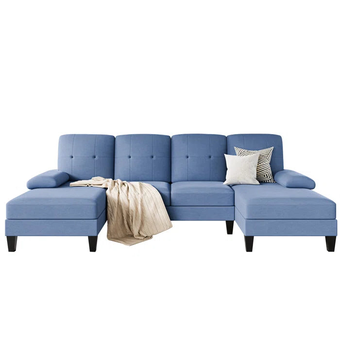 U- Shape Sectional Sofa: 106" Modular Upholstered Sectional 3-Piece Sectional for Living Room(Blue Cotton Blend)