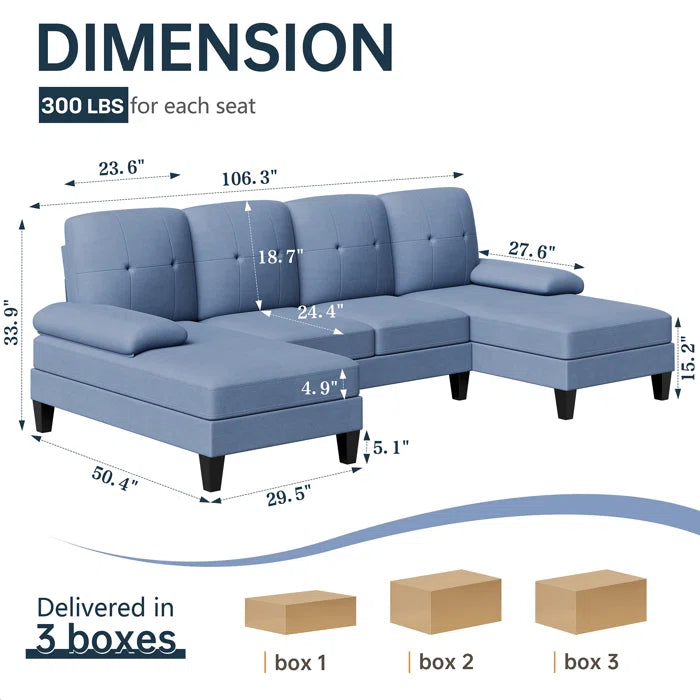 U- Shape Sectional Sofa: 106" Modular Upholstered Sectional 3-Piece Sectional for Living Room(Blue Cotton Blend)