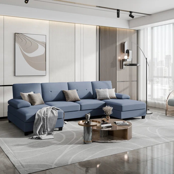 U- Shape Sectional Sofa: 106" Modular Upholstered Sectional 3-Piece Sectional for Living Room(Blue Cotton Blend)