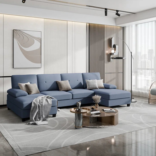U- Shape Sectional Sofa: 106" Modular Upholstered Sectional 3-Piece Sectional for Living Room(Blue Cotton Blend)