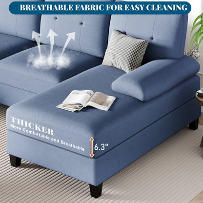 U- Shape Sectional Sofa: 106" Modular Upholstered Sectional 3-Piece Sectional for Living Room(Blue Cotton Blend)