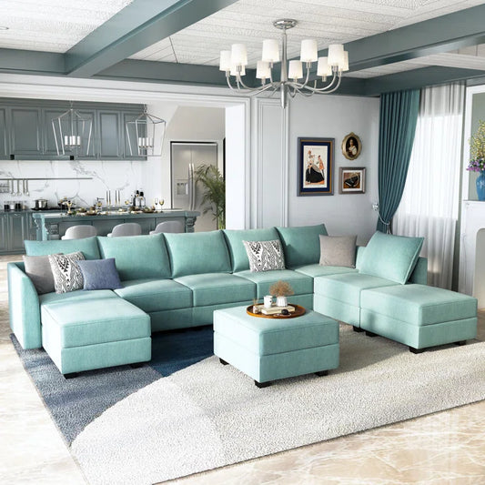 U-shaped Grey Sectional Sofa with Chaise Modular Sectional Sofa(Blue Polyester)