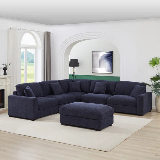 6 Piece Corner Sectional Sofa with Ottoman (Blue Polyester)