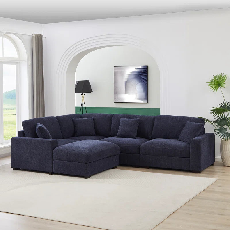 5 Piece Corner Sectional Sofa with Ottoman (Blue Polyester)