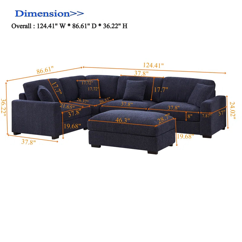 5 Piece Corner Sectional Sofa with Ottoman (Blue Polyester)
