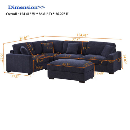 5 Piece Corner Sectional Sofa with Ottoman (Blue Polyester)