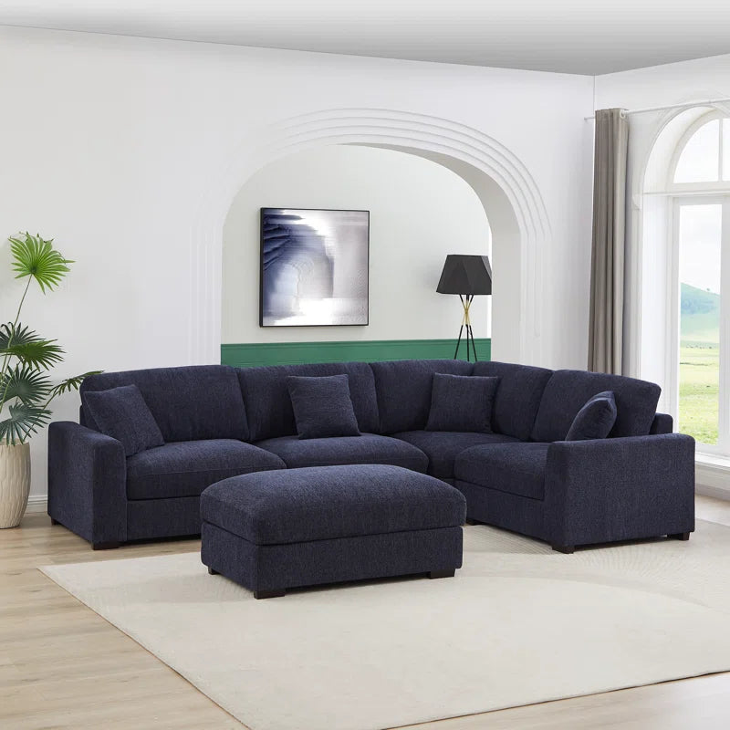 5 Piece Corner Sectional Sofa with Ottoman (Blue Polyester)