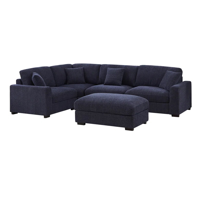 5 Piece Corner Sectional Sofa with Ottoman (Blue Polyester)