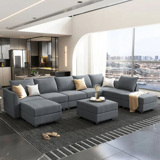 U-shaped Grey Sectional Sofa with Chaise Modular Sectional Sofa(Bluish Gray Polyester)