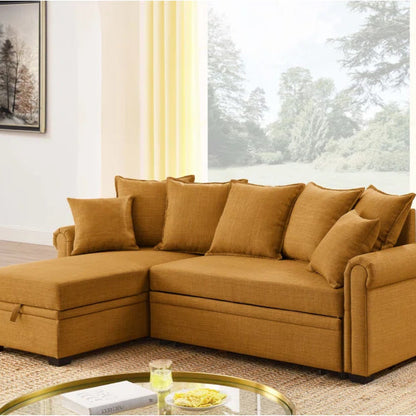 L- Shape Sectional Sofa: 4 - Piece Upholstered Sectional Sleeper Sofa Bed(Brown Yellow Linen Blend)
