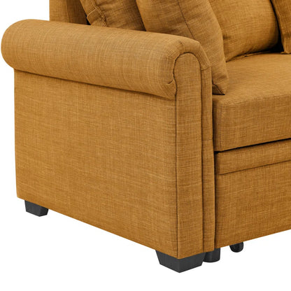 L- Shape Sectional Sofa: 4 - Piece Upholstered Sectional Sleeper Sofa Bed(Brown Yellow Linen Blend)