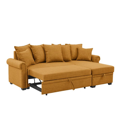 L- Shape Sectional Sofa: 4 - Piece Upholstered Sectional Sleeper Sofa Bed(Brown Yellow Linen Blend)