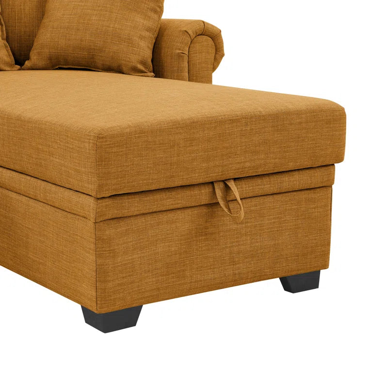 L- Shape Sectional Sofa: 4 - Piece Upholstered Sectional Sleeper Sofa Bed(Brown Yellow Linen Blend)