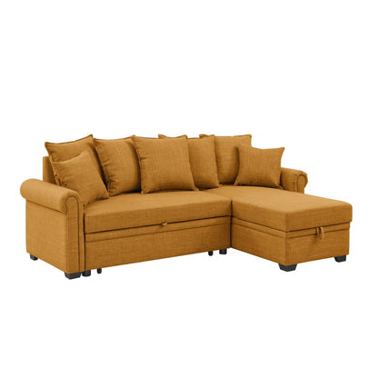 L- Shape Sectional Sofa: 4 - Piece Upholstered Sectional Sleeper Sofa Bed(Brown Yellow Linen Blend)