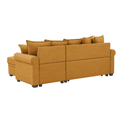 L- Shape Sectional Sofa: 4 - Piece Upholstered Sectional Sleeper Sofa Bed(Brown Yellow Linen Blend)