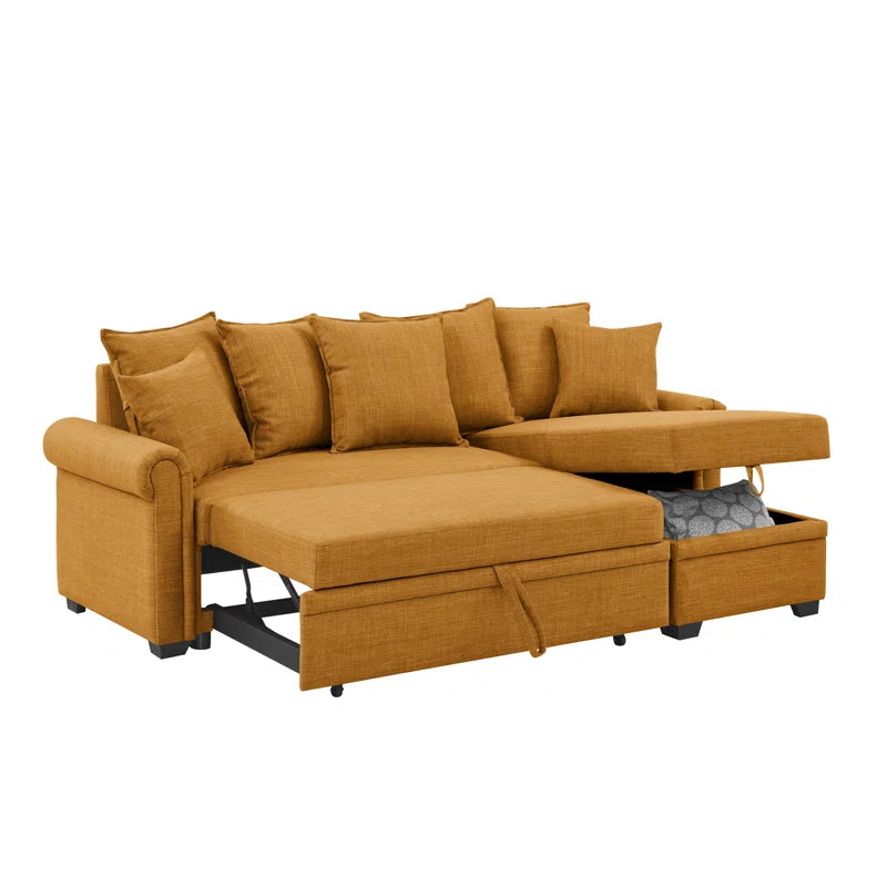 L- Shape Sectional Sofa: 4 - Piece Upholstered Sectional Sleeper Sofa Bed(Brown Yellow Linen Blend)