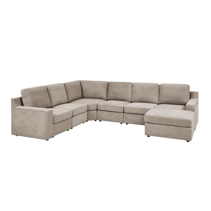 L- Shape Sectional Sofa: 7 - Piece Modular Corner Sectional(Camel Polyester Blend)