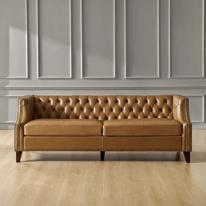 3 Seater Sofa: 84"W Chesterfield Button-Tufting Genuine Leather Sofa with Solid Wood Legs(Camel)