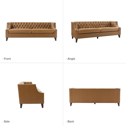 3 Seater Sofa: 84"W Chesterfield Button-Tufting Genuine Leather Sofa with Solid Wood Legs(Camel)