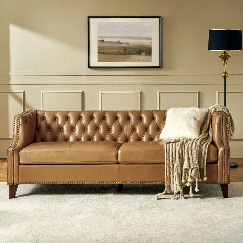3 Seater Sofa: 84"W Chesterfield Button-Tufting Genuine Leather Sofa with Solid Wood Legs(Camel)