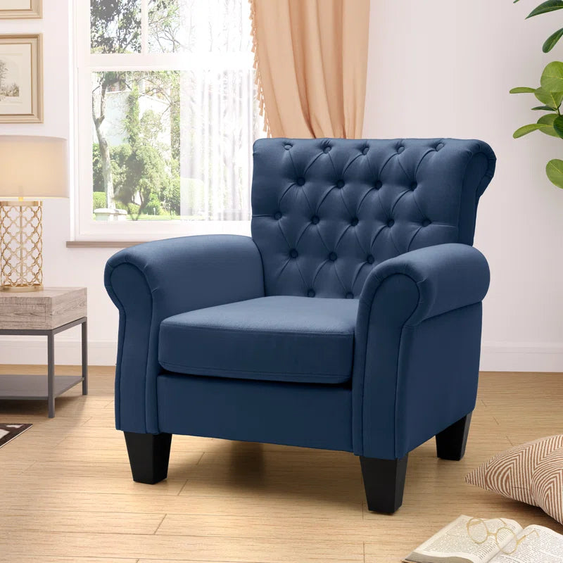 THE CASA ORO® Classic Clasp Design Upholstered Wing Chair(Blue Polyester)