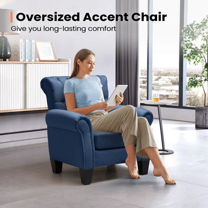 THE CASA ORO® Classic Clasp Design Upholstered Wing Chair(Blue Polyester)