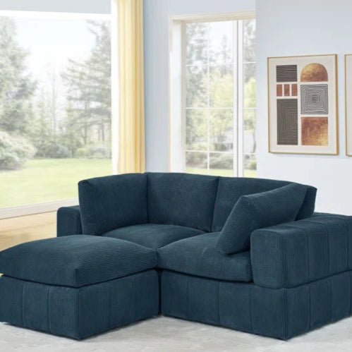 L-Shape Sectional Sofa: 3 - Piece Corduroy Sectional Sofa and Chaise(Dark Blue Corduroy)