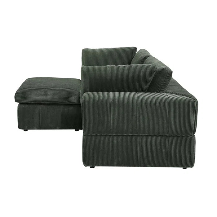 L-Shape Sectional Sofa: 3 - Piece Corduroy Sectional Sofa and Chaise(Dark Green Corduroy)