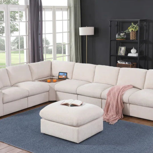 L-Shape Sectional Sofa: Corner Modular Sectional Sofa With Table Cupholder Console and Ottoman(Beige Chenille)