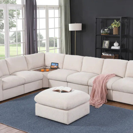 L-Shape Sectional Sofa: Corner Modular Sectional Sofa With Table Cupholder Console and Ottoman(Beige Chenille)