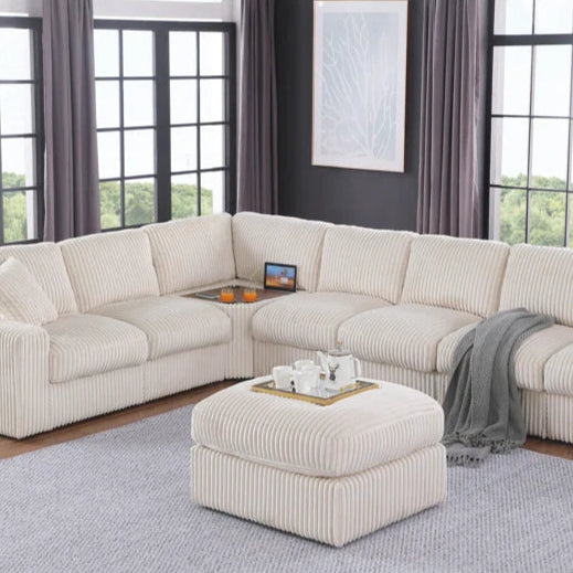 L-Shape Sectional Sofa: Corner Modular Sectional Sofa With Table Cupholder Console and Ottoman(Beige Polyester)