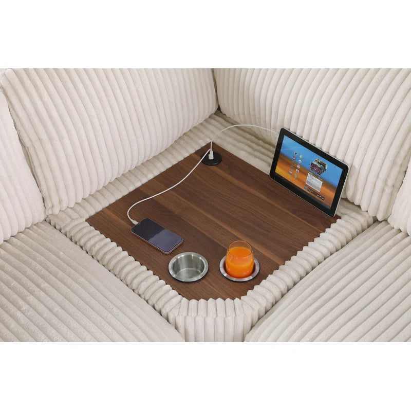 L-Shape Sectional Sofa: Corner Modular Sectional Sofa With Table Cupholder Console and Ottoman(Beige Polyester)