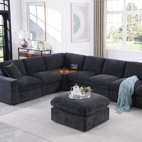 L-Shape Sectional Sofa: Corner Modular Sectional Sofa With Table Cupholder Console and Ottoman(Gray Chenille)