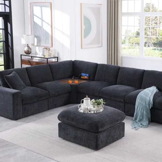 L-Shape Sectional Sofa: Corner Modular Sectional Sofa With Table Cupholder Console and Ottoman(Gray Chenille)
