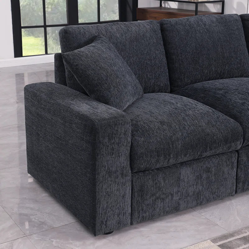 L-Shape Sectional Sofa: Corner Modular Sectional Sofa With Table Cupholder Console and Ottoman(Gray Chenille)