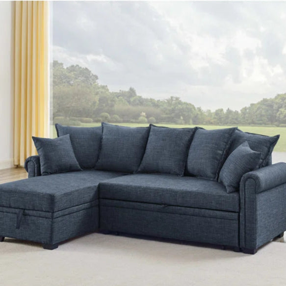 L- Shape Sectional Sofa: 4 - Piece Upholstered Sectional Sleeper Sofa Bed(Dark Blue Linen Blend)