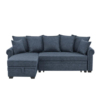 L- Shape Sectional Sofa: 4 - Piece Upholstered Sectional Sleeper Sofa Bed(Dark Blue Linen Blend)