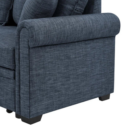 L- Shape Sectional Sofa: 4 - Piece Upholstered Sectional Sleeper Sofa Bed(Dark Blue Linen Blend)