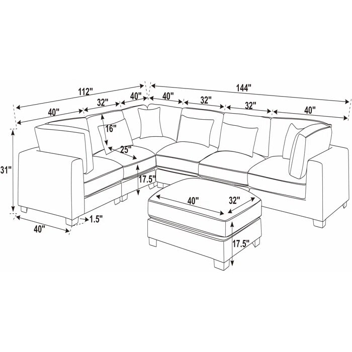 U- Shape Sectional Sofa: 7 - Piece 144" Wide Modular Corner Sectional( Dark Gray Corduroy)