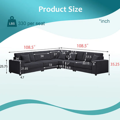 L Shape Sectional Sofa: 108.5"W Corduroy Upholstered 5 - Piece Sectional Sofa(Drak Gray Corduroy)