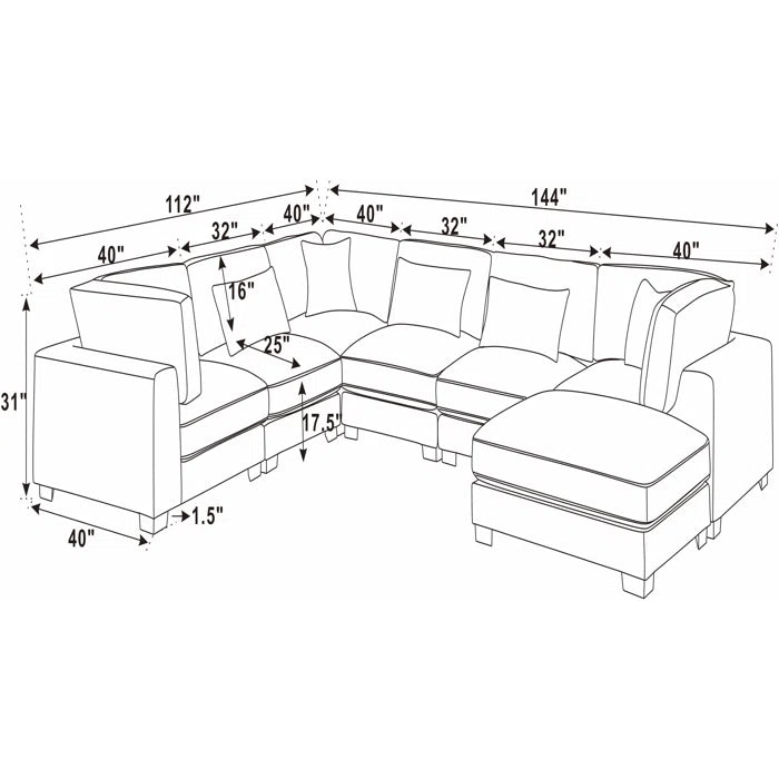U- Shape Sectional Sofa: 7 - Piece 144" Wide Modular Corner Sectional( Dark Gray Corduroy)