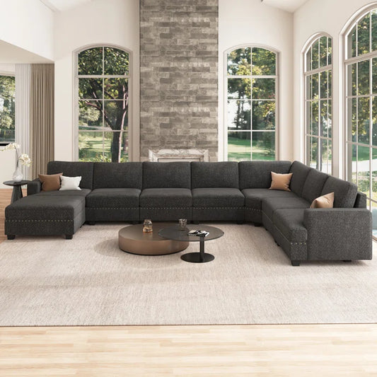 U Shaped Corner Sofa With Storage Ottoman(Dark Gray Polyester)