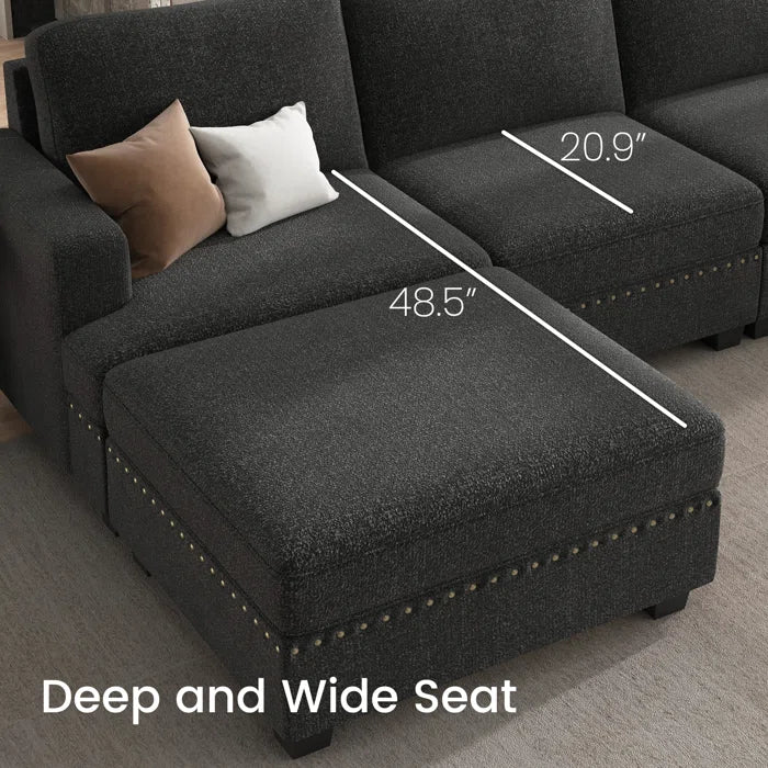 U Shaped Corner Sofa With Storage Ottoman(Dark Gray Polyester)