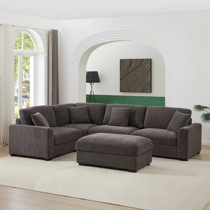 5 Piece Corner Sectional Sofa with Ottoman (Dark Gray Polyester)