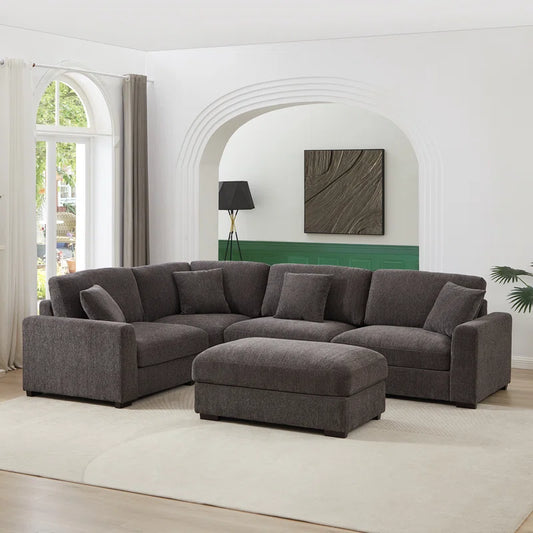 5 Piece Corner Sectional Sofa with Ottoman (Dark Gray Polyester)