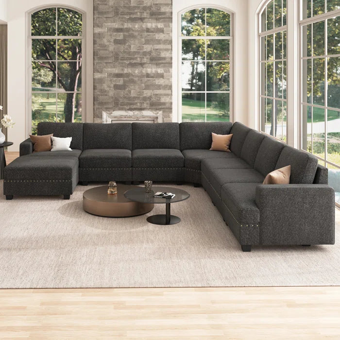 U Shaped Corner Sofa With Storage Ottoman(Dark Gray Polyester)