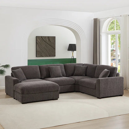 5 Piece Corner Sectional Sofa with Ottoman (Dark Gray Polyester)