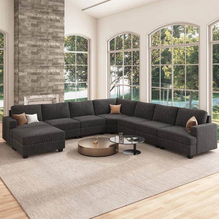 U Shaped Corner Sofa With Storage Ottoman(Dark Gray Polyester)